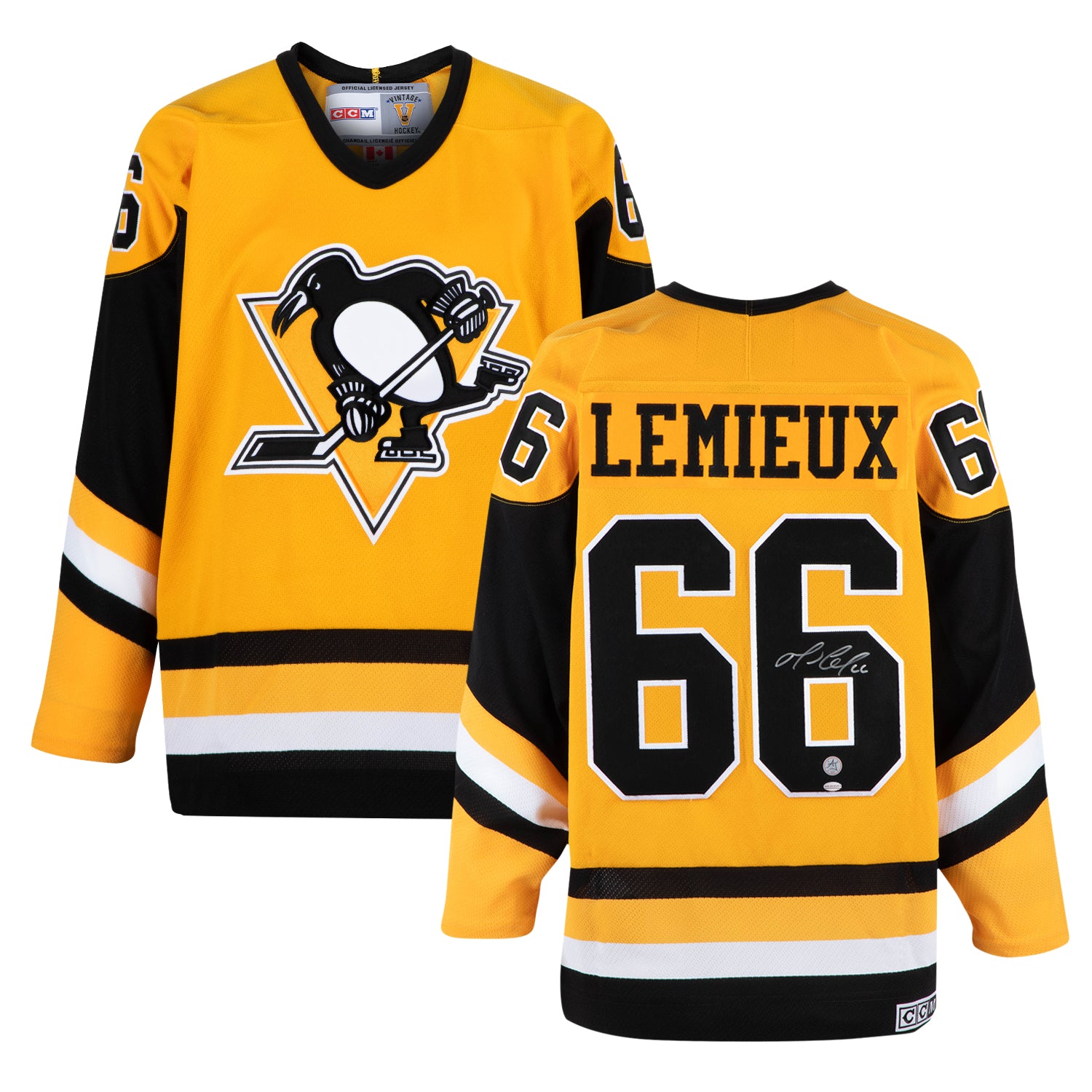 Mario Lemieux Signed Pittsburgh Penguins Yellow Rookie Vintage CCM Jersey