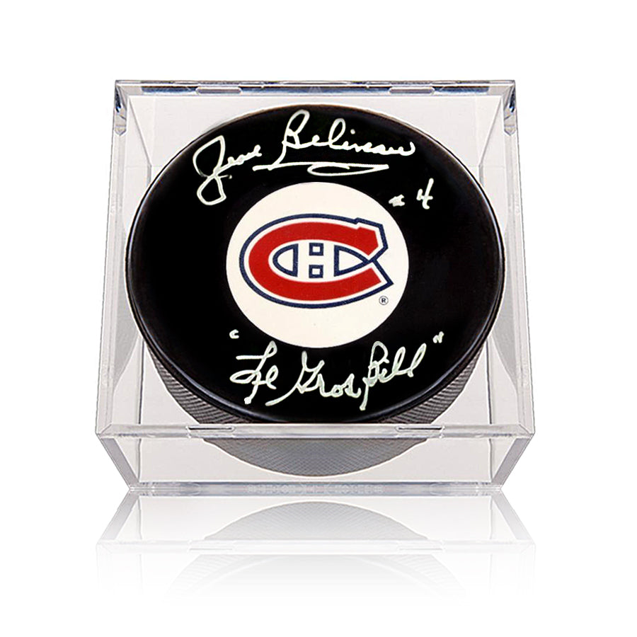 Jean Beliveau Signed Montreal Canadiens Puck with Le Gros Bill Note
