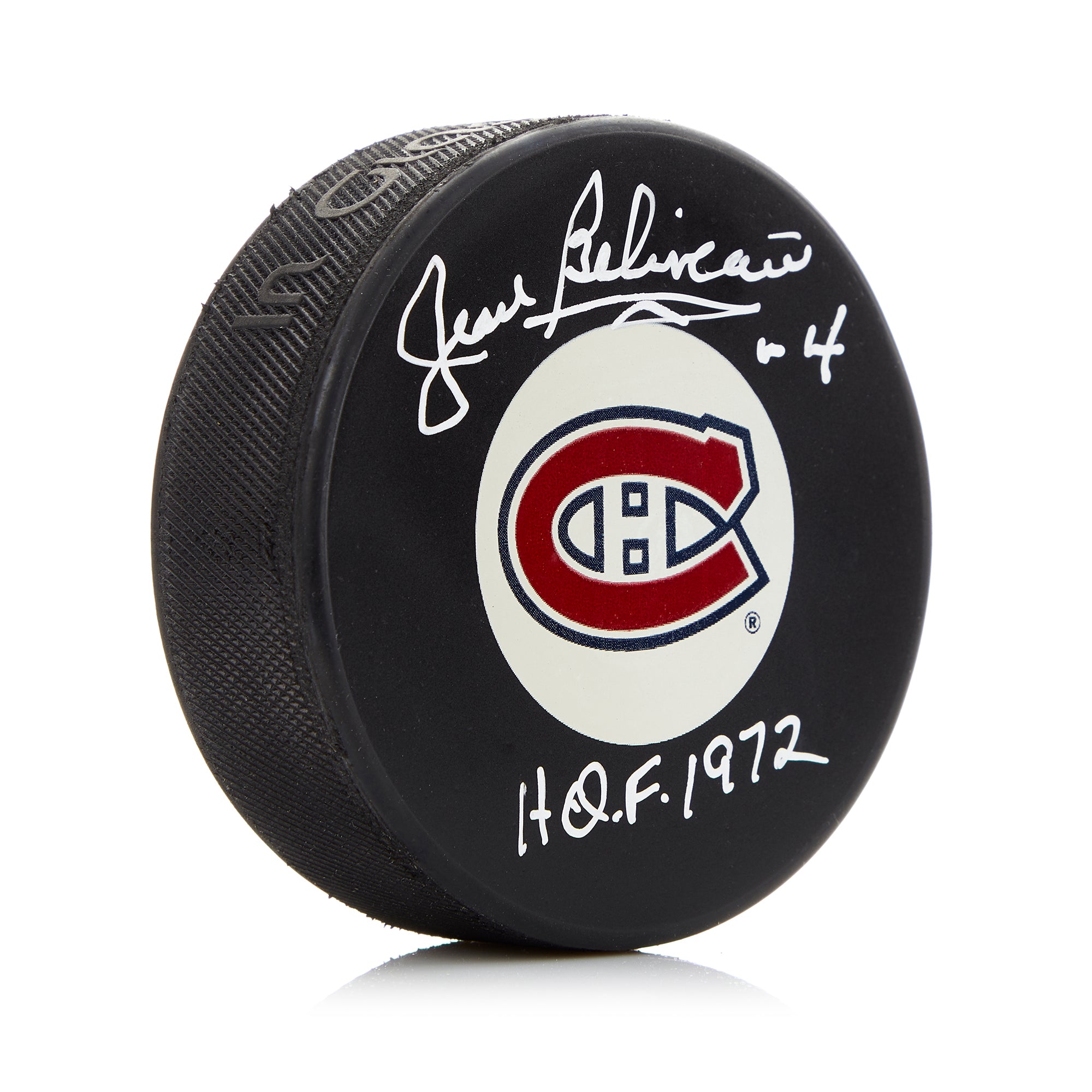 Jean Beliveau Montreal Canadiens Signed Hockey Puck with HOF Note