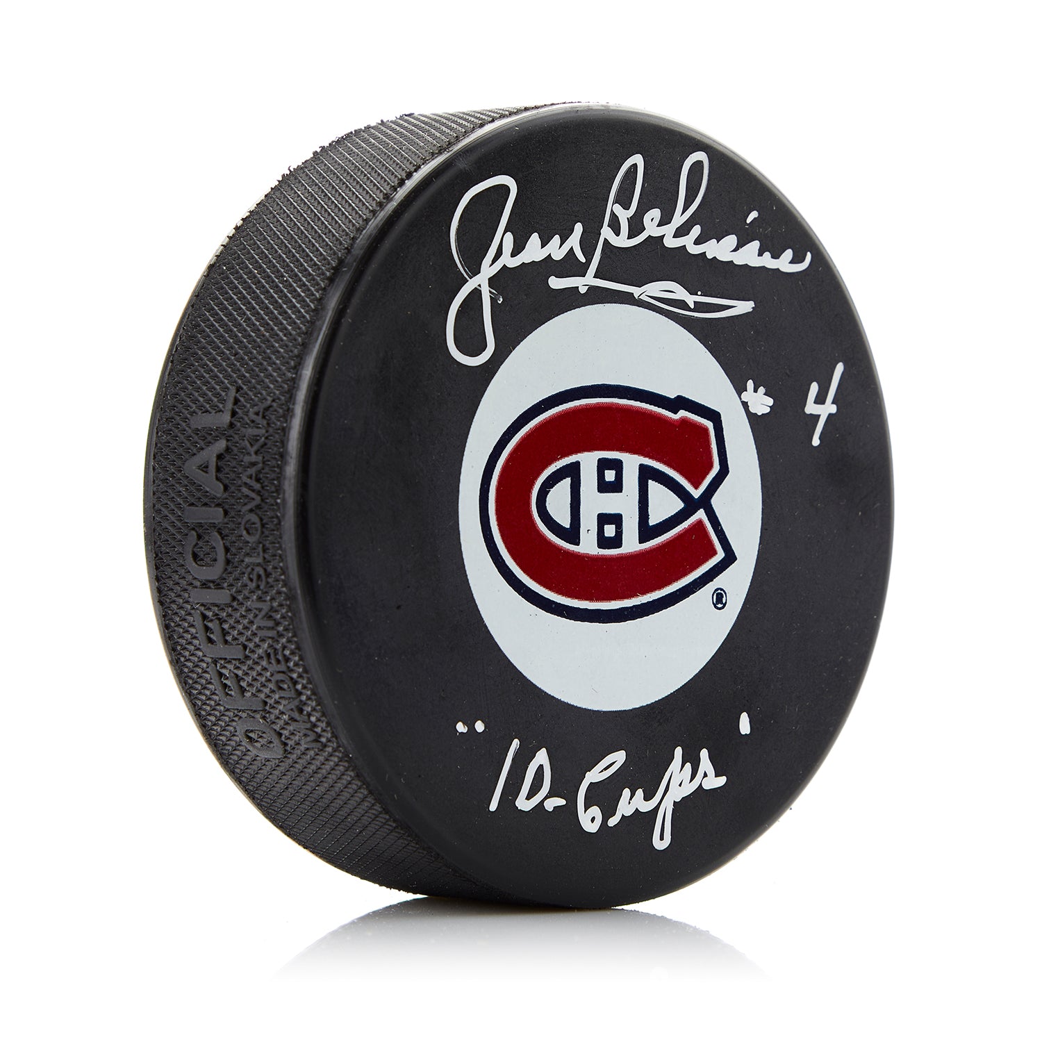 Jean Beliveau Montreal Canadiens Autographed Puck with 10 Cups Note