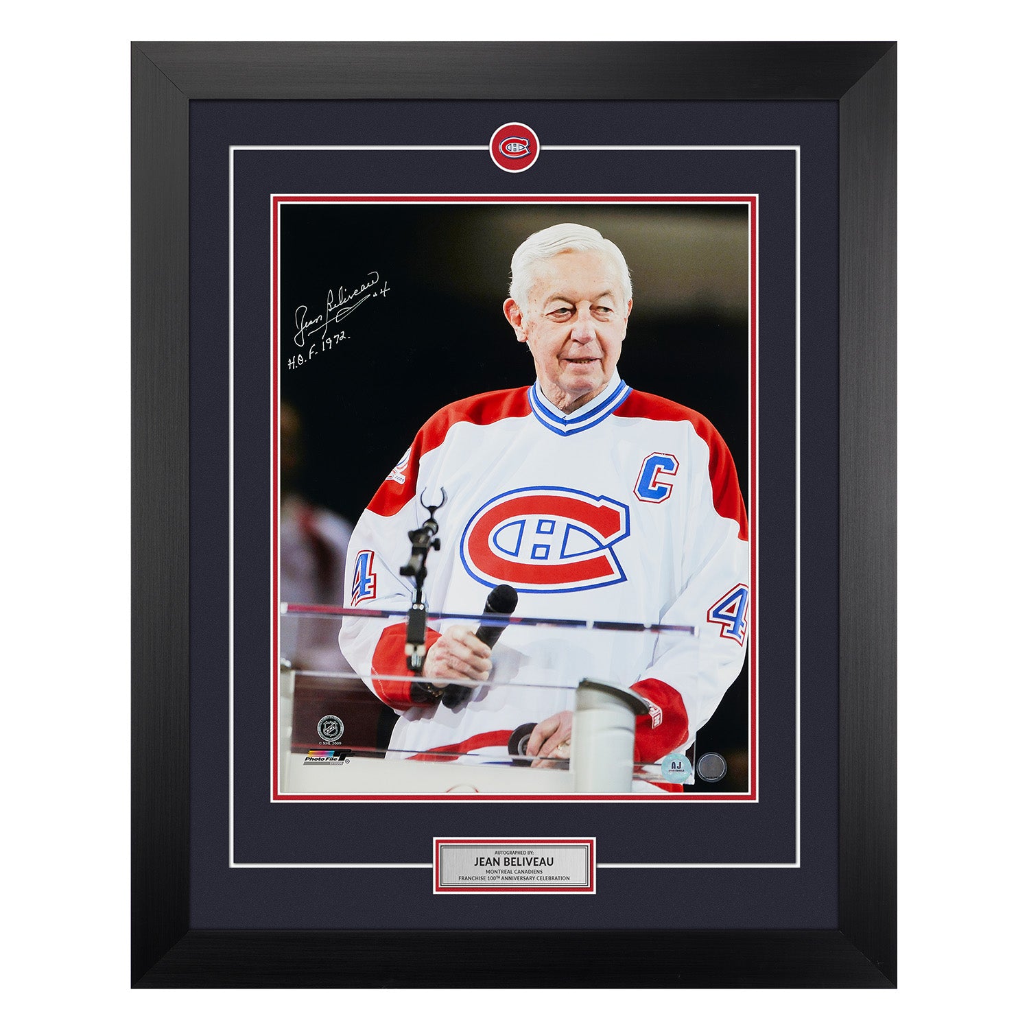 Jean Beliveau Signed Montreal Canadiens 100th Anniversary 26x32 Frame