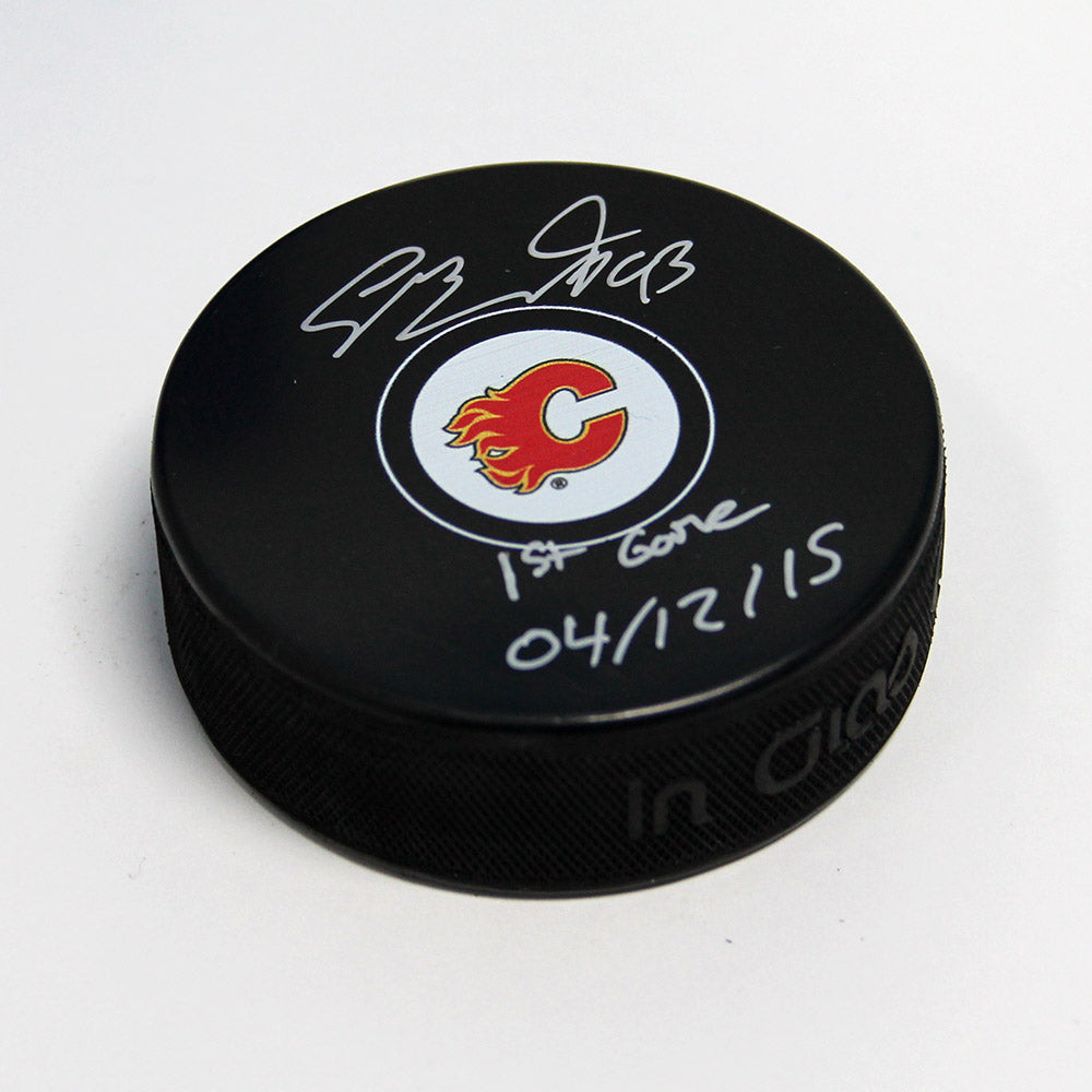 Sam Bennett Calgary Flames Autographed Puck with 1st Game Note