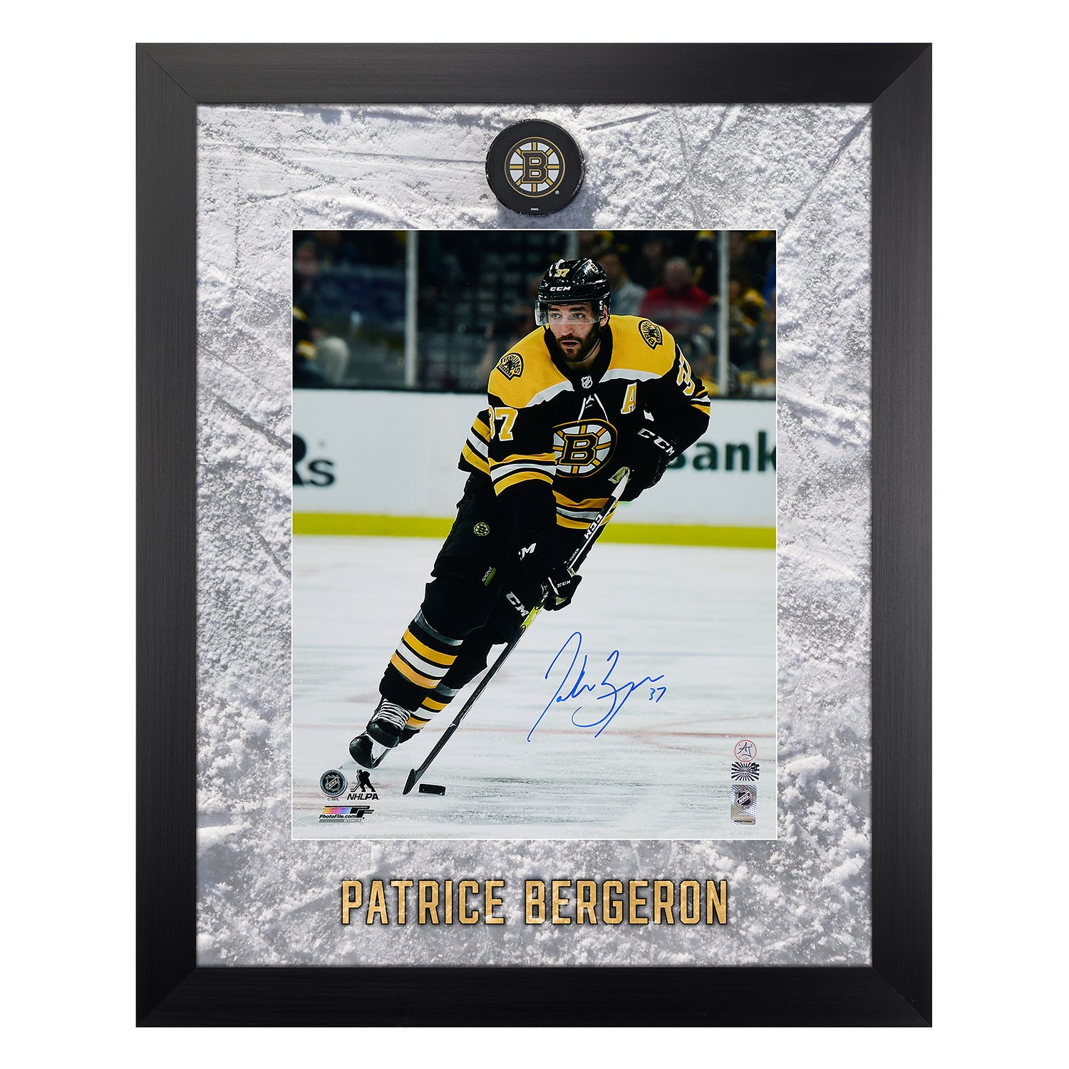 Patrice Bergeron Signed Boston Bruins Etched Ice 26x32 Frame