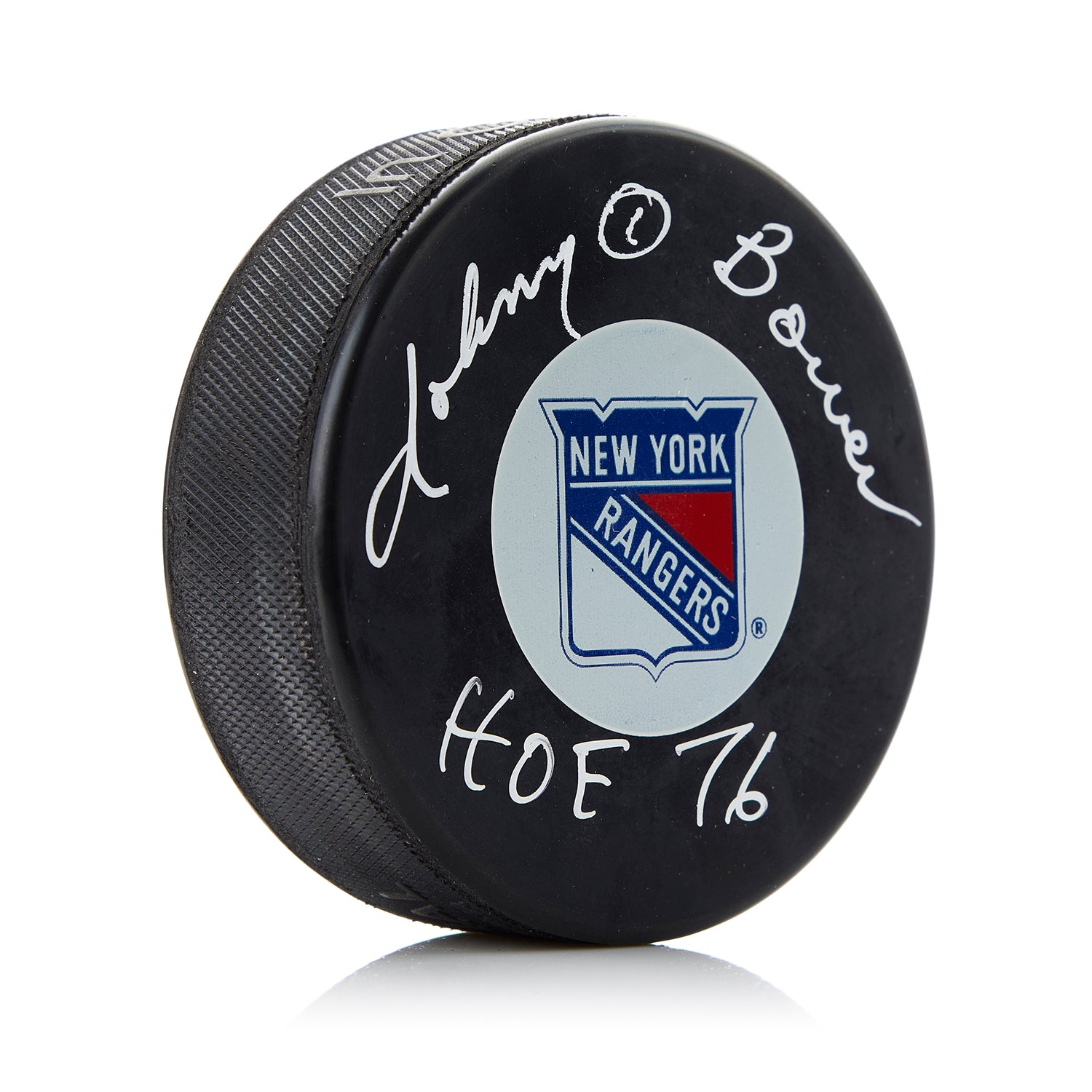 Johnny Bower New York Rangers Autographed Hockey Puck with HOF Note