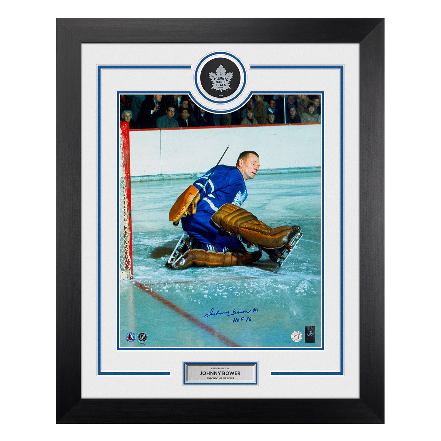 Johnny Bower Signed Toronto Maple Leafs Puck Display 26x32 Frame
