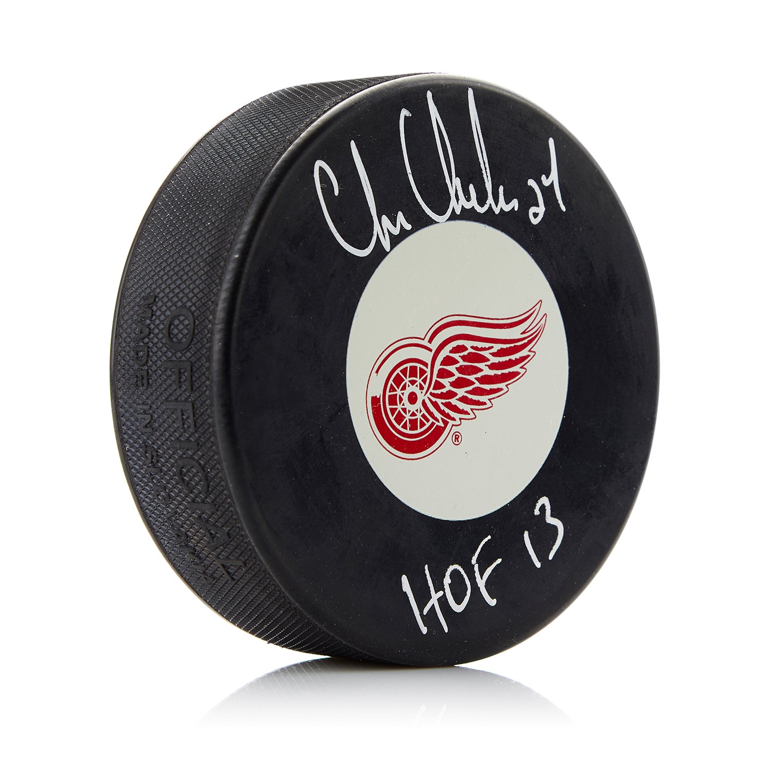 Chris Chelios Detroit Red Wings Autographed Hockey Puck with HOF Note