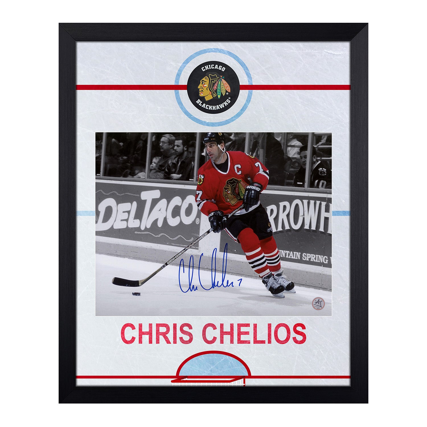 Chris Chelios Signed Chicago Blackhawks Graphic Rink 19x23 Frame