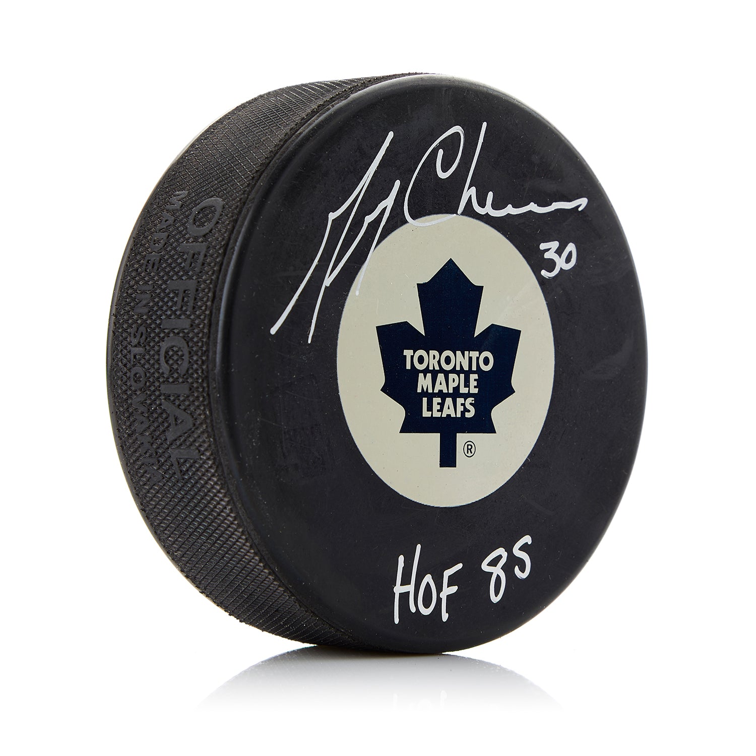 Gerry Cheevers Toronto Maple Leafs Signed Hockey Puck with HOF Note