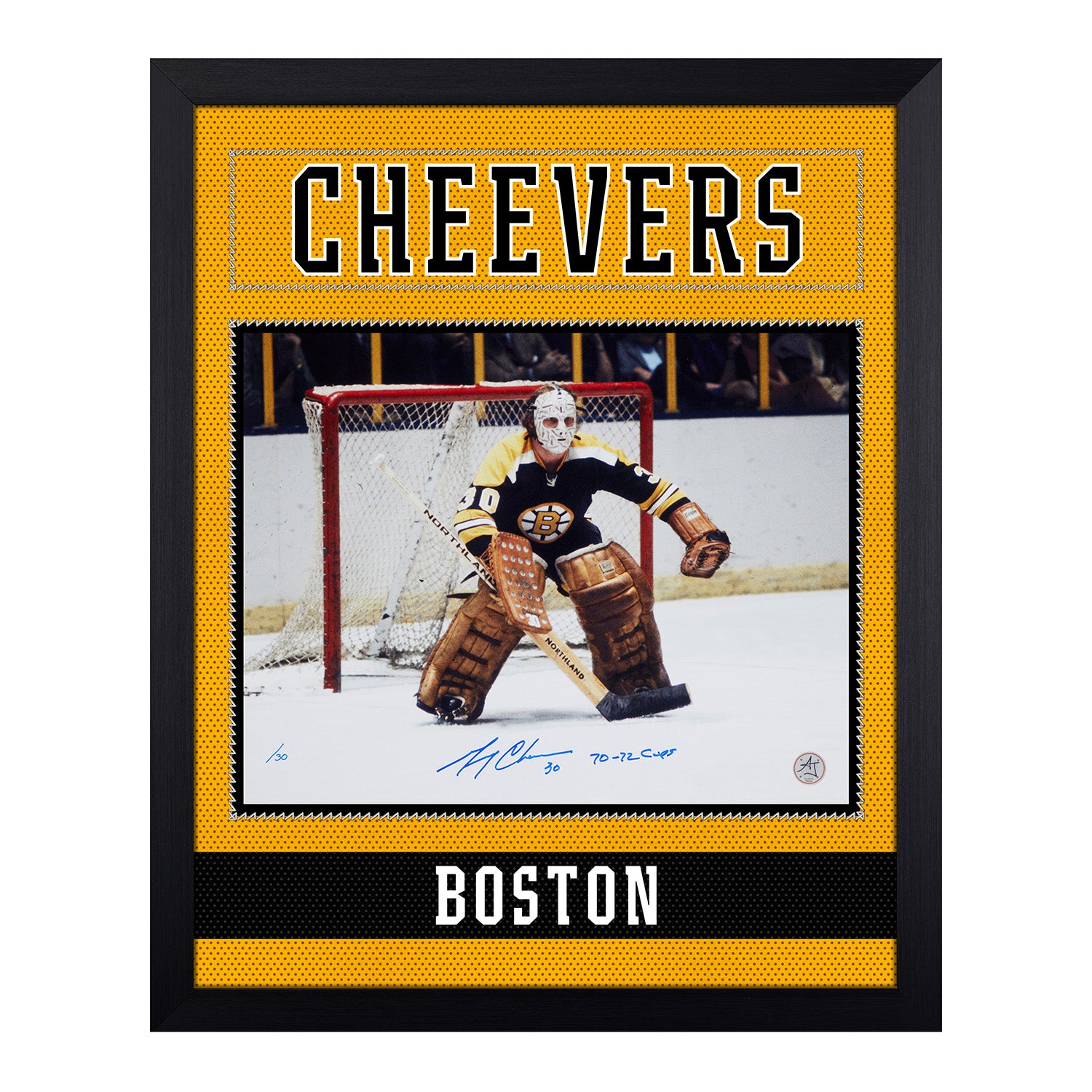Gerry Cheevers Signed Boston Bruins Uniform Graphic 19x23 Frame