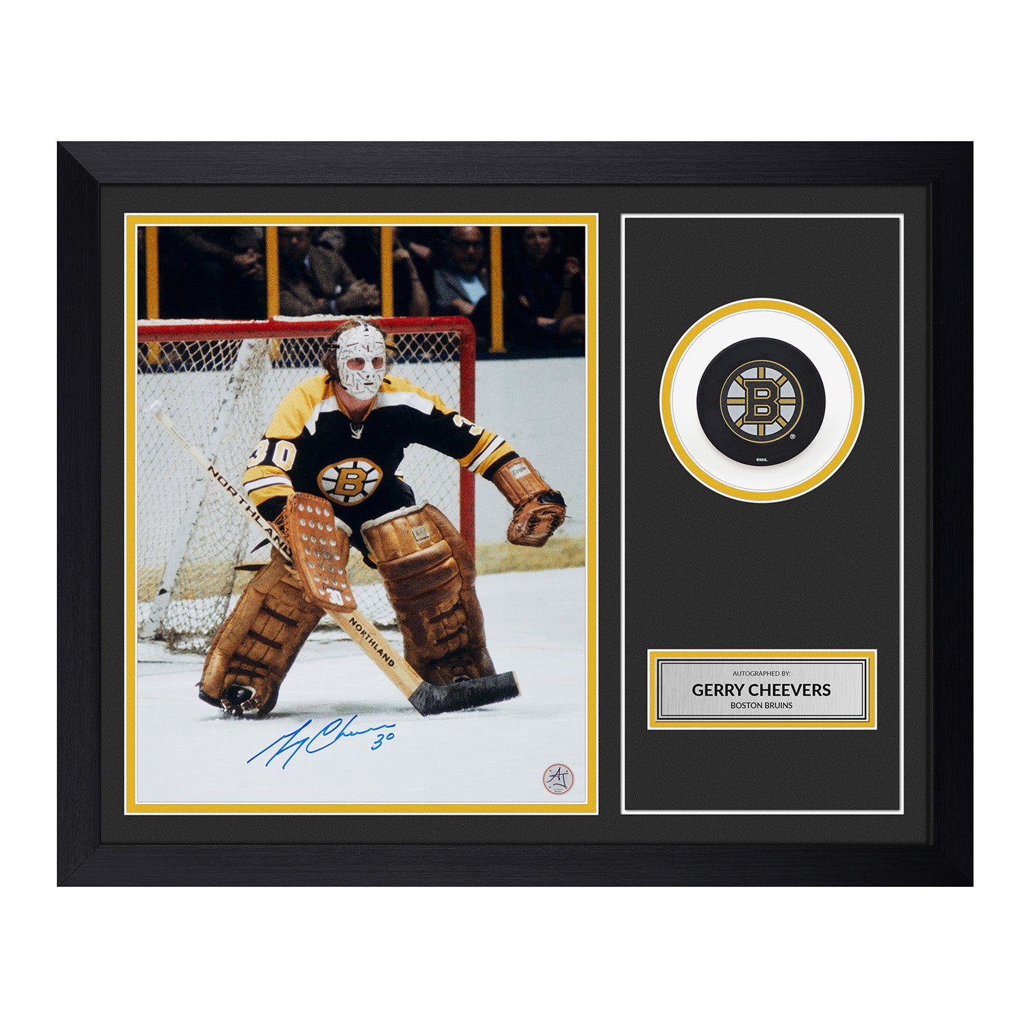 Gerry Cheevers Signed Boston Bruins Puck Display 19x23 Frame