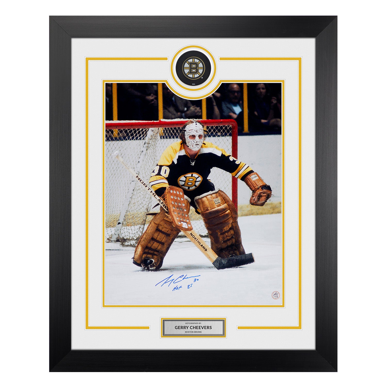 Gerry Cheevers Signed Boston Bruins Puck Display 26x32 Frame