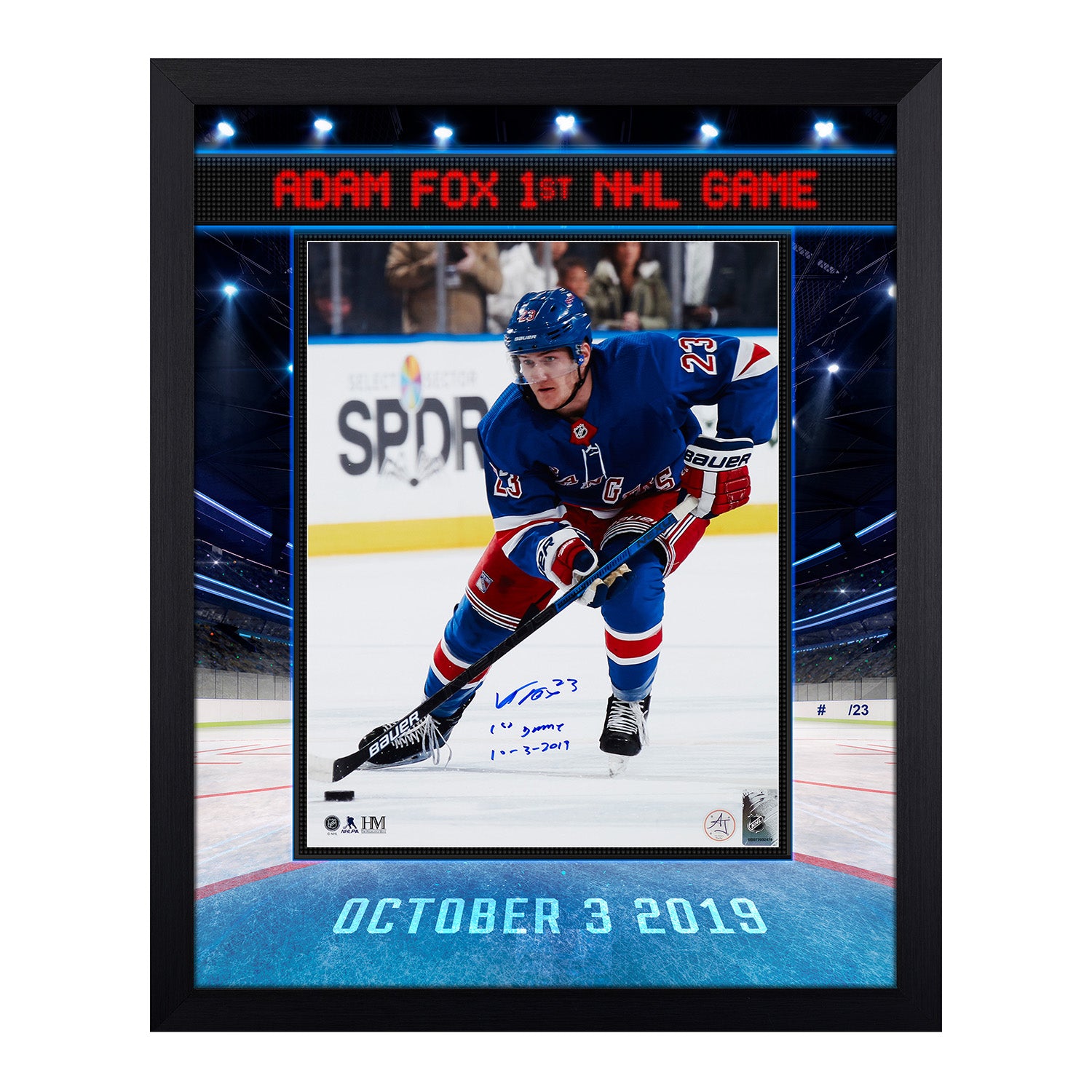 Adam Fox Signed New York Rangers 1st Game Graphic 19x23 Frame #/23