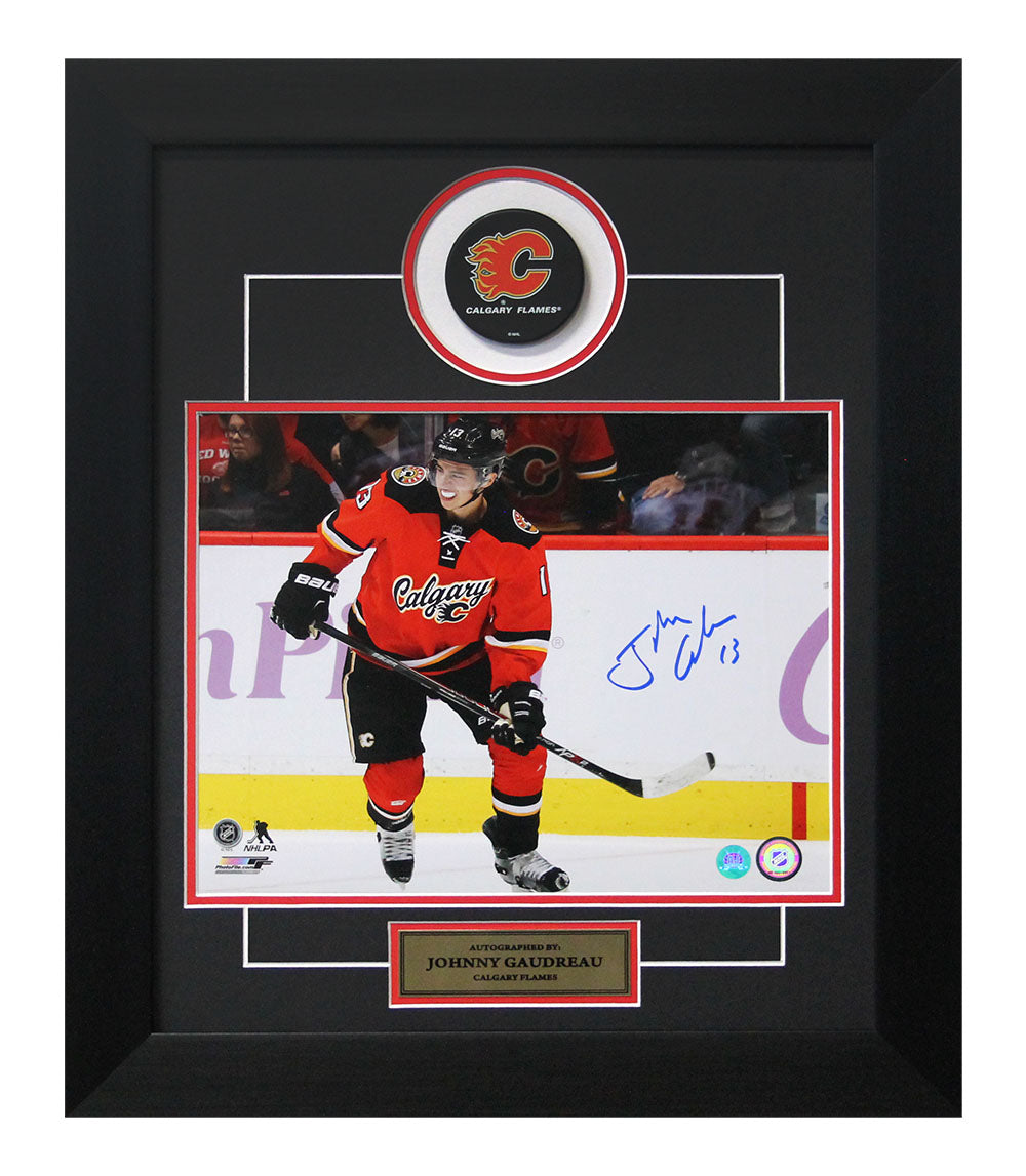 Johnny Gaudreau Calgary Flames Autographed 20x24 Puck Frame
