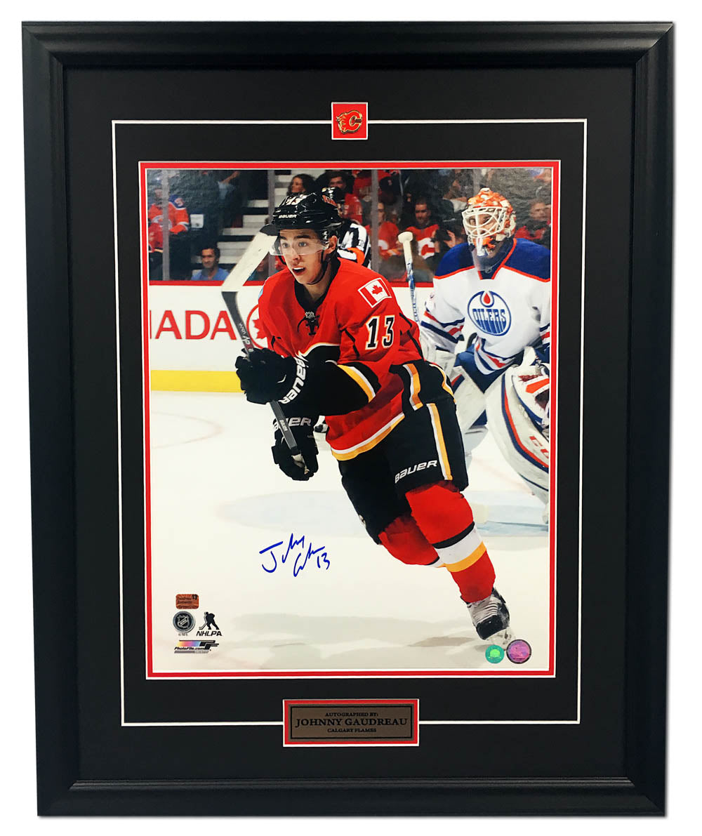 Johnny Gaudreau Calgary Flames Autographed Battle of Alberta 26x32 Frame