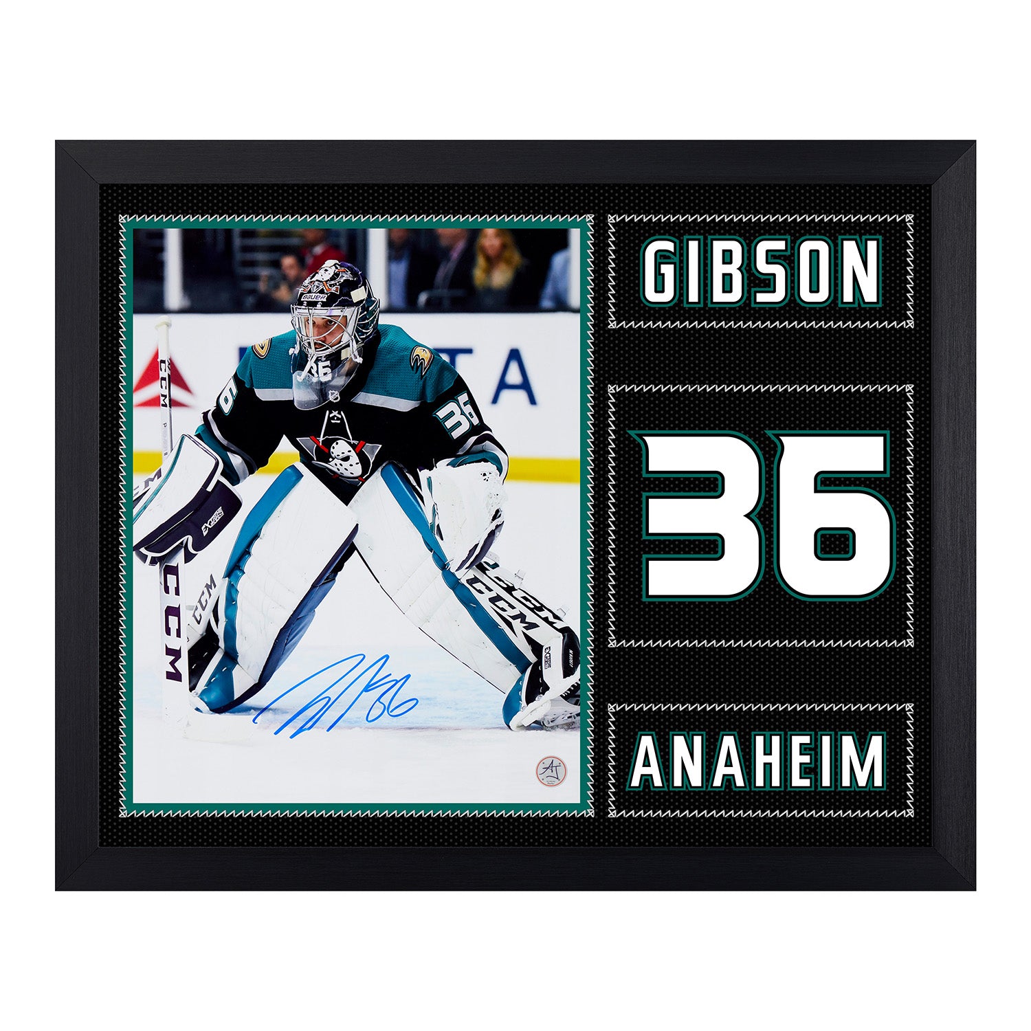 John Gibson Autographed Anaheim Ducks Uniform Graphic 19x23 Frame