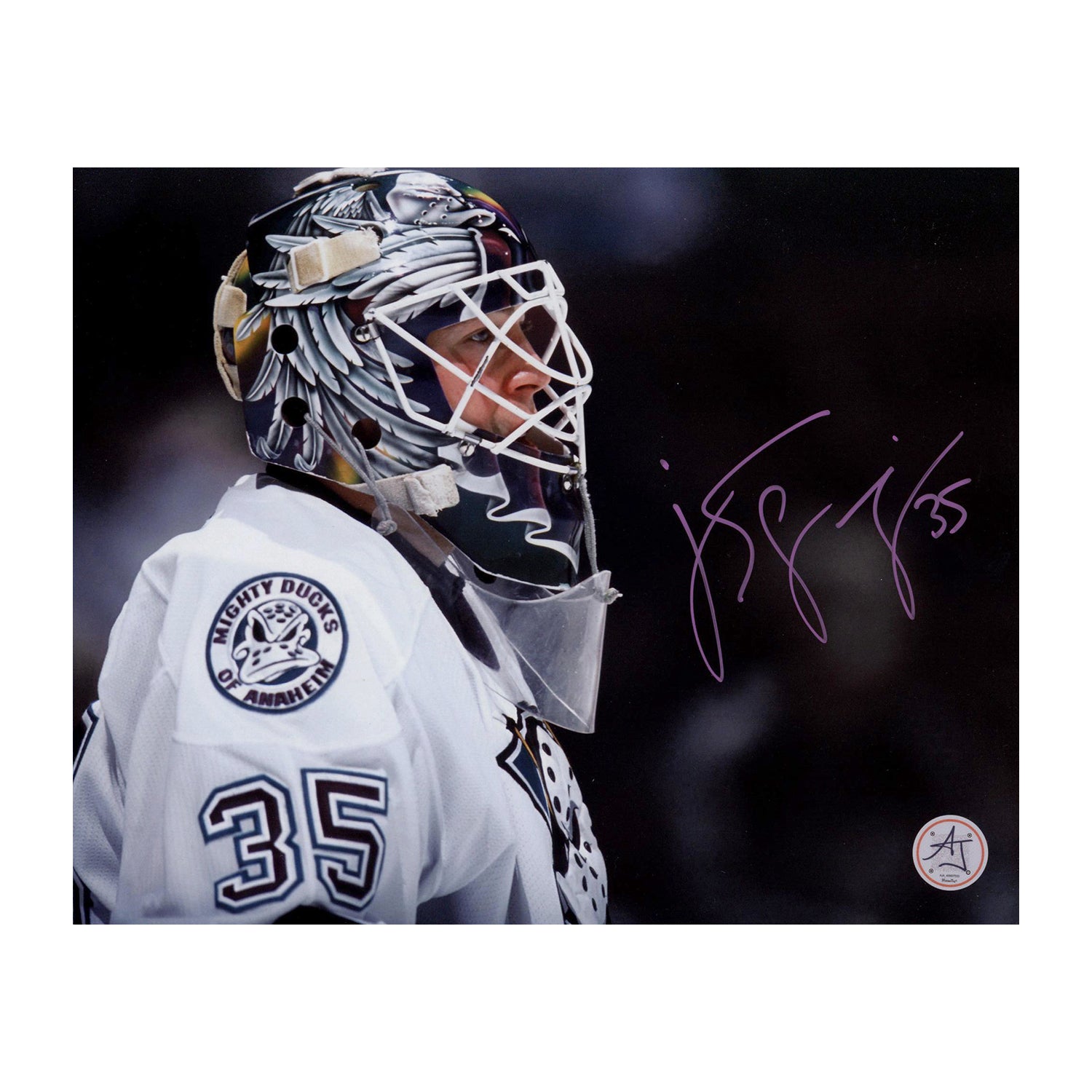 JS Giguere Signed Anaheim Mighty Ducks Mask CloseUp 8x10 Photo
