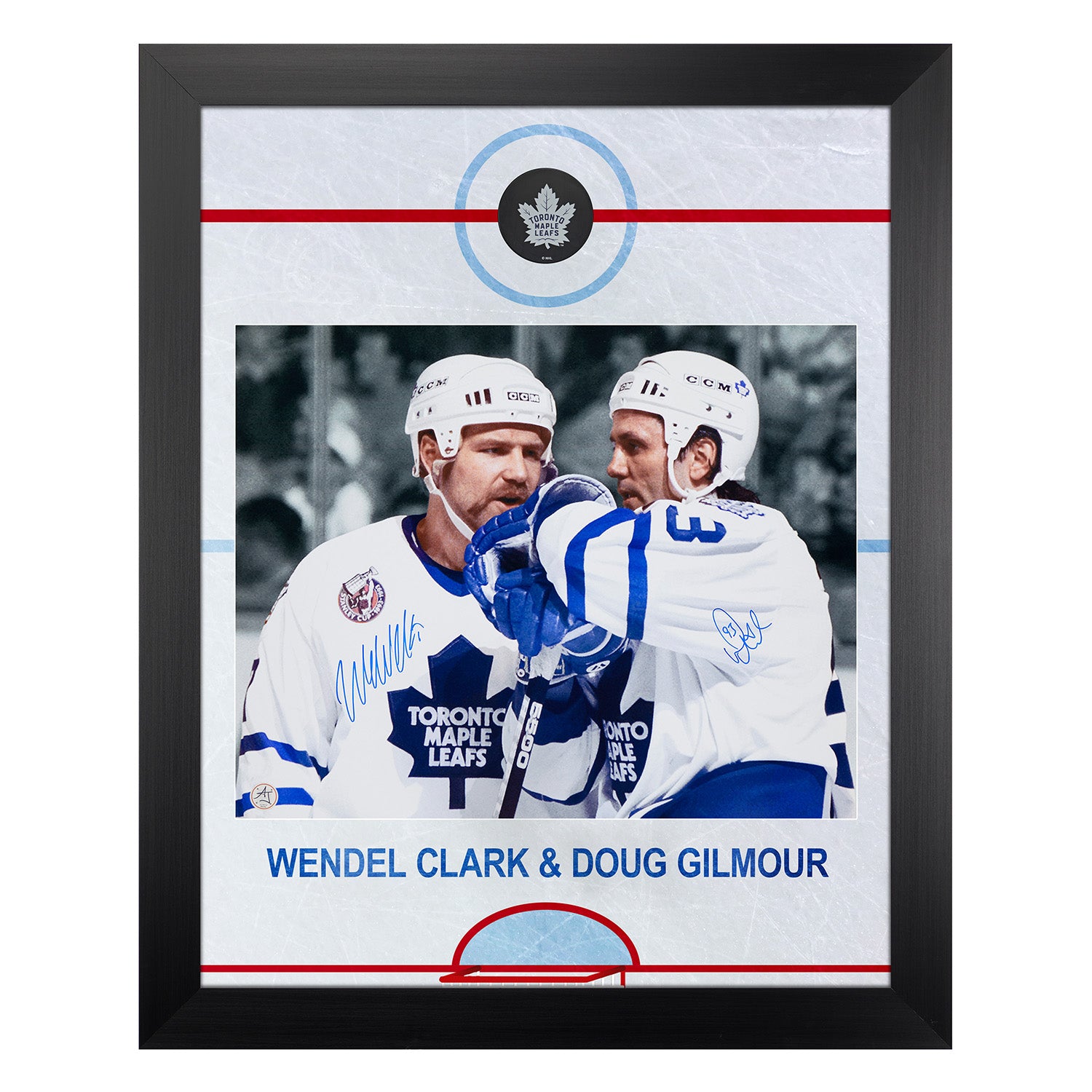 Doug Gilmour & Wendel Clark Dual Signed Maple Leafs Graphic Rink 26x32 Frame