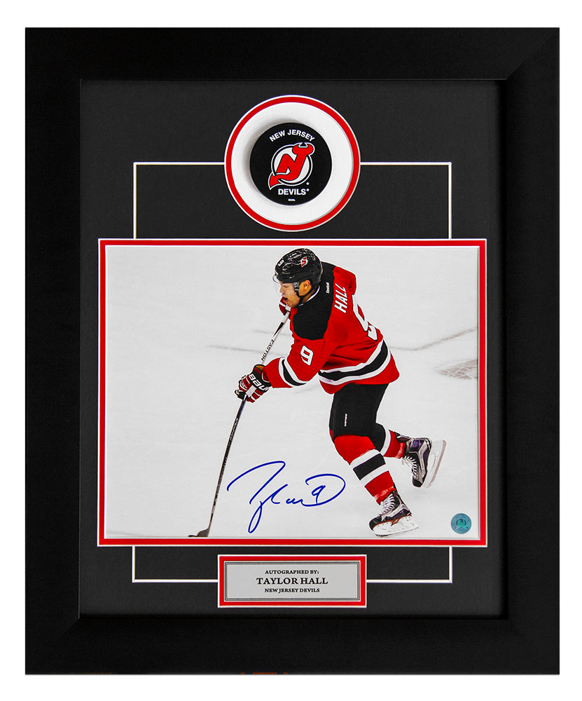 Taylor Hall New Jersey Devils Autographed Hockey Sniper 20x24 Puck Frame