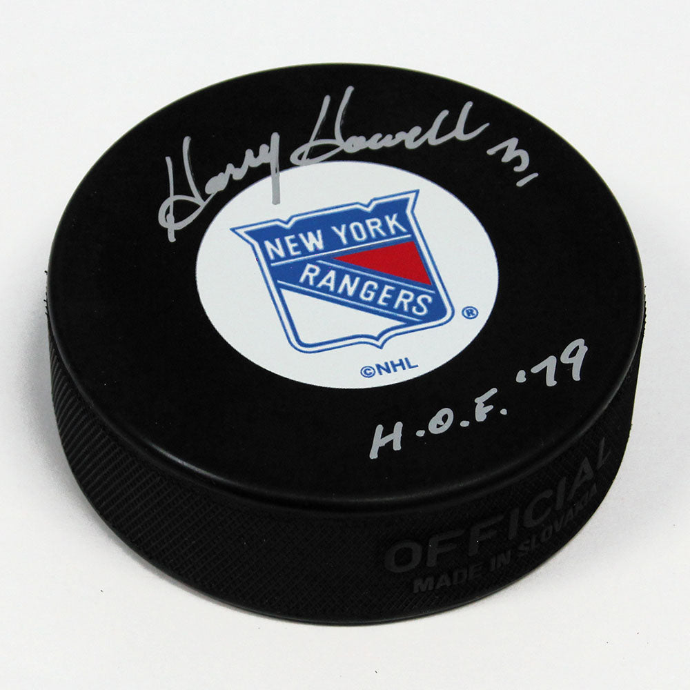 Harry Howell New York Rangers Autographed Hockey Puck with HOF Note