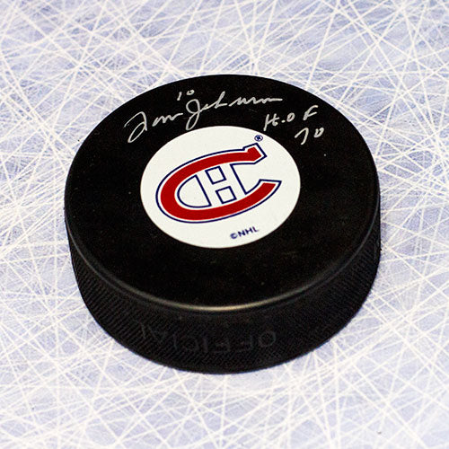 Tom Johnson Montreal Canadiens Signed Hockey Puck with HOF Note