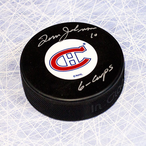 Tom Johnson Montreal Canadiens Signed Hockey Puck with 6 Cups Inscription