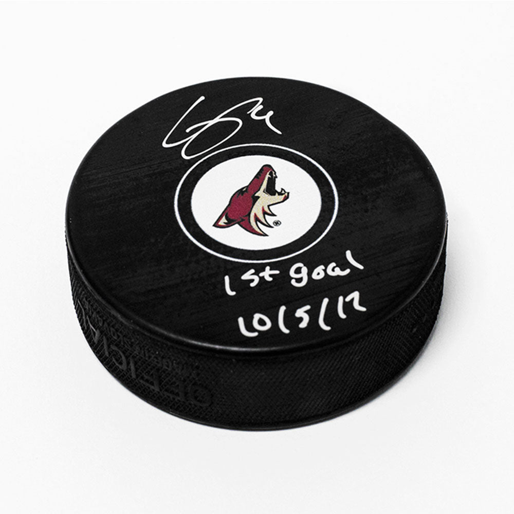 Clayton Keller Arizonia Coyotes Autographed Hockey Puck with 1st Goal Note