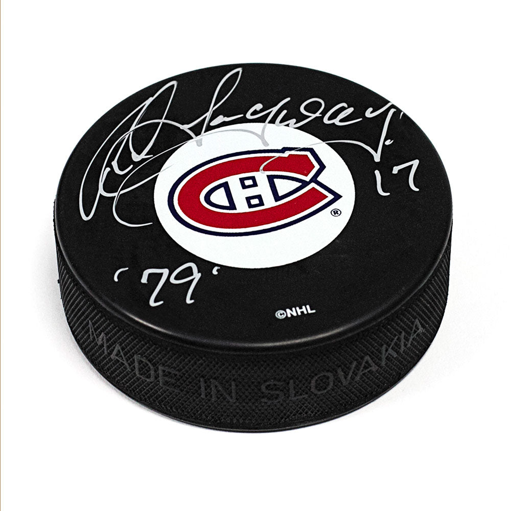 Rod Langway Montreal Canadiens Autographed Hockey Puck with 79 Inscription