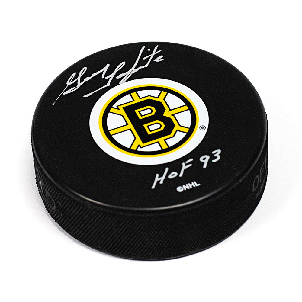 Guy Lapointe Boston Bruins Autographed Hockey Puck with HOF Inscription