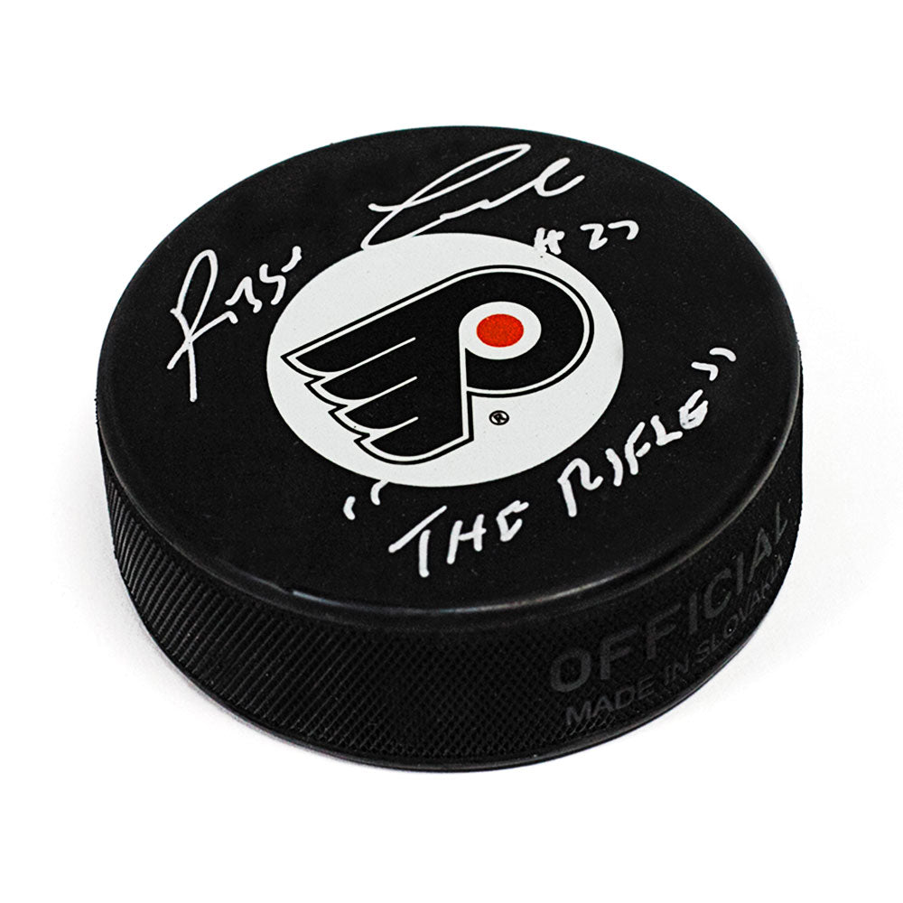 Reggie Leach Philadelphia Flyers Signed Hockey Puck with The Rifle Note