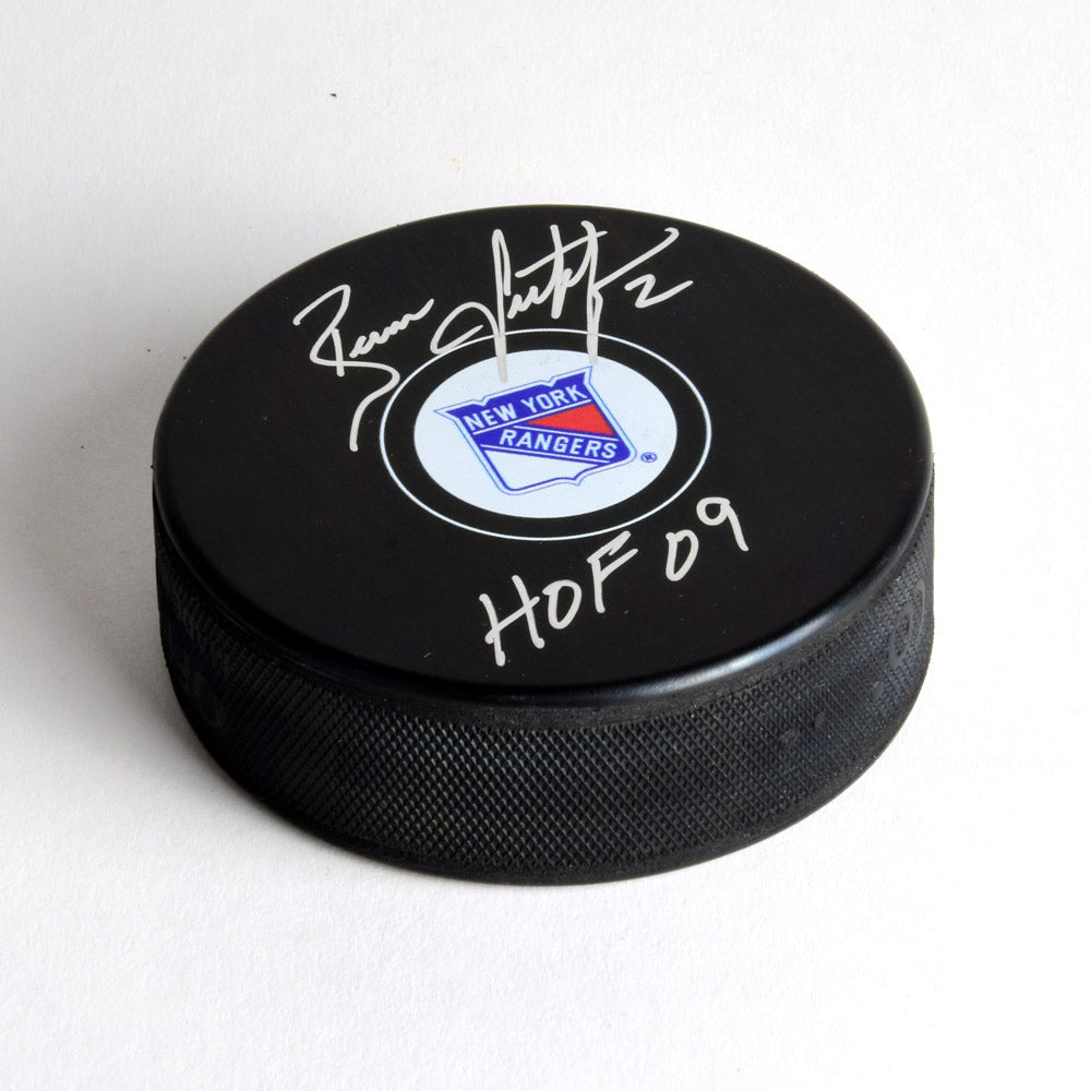 Brian Leetch New York Rangers Autographed Hockey Puck with HOF Note