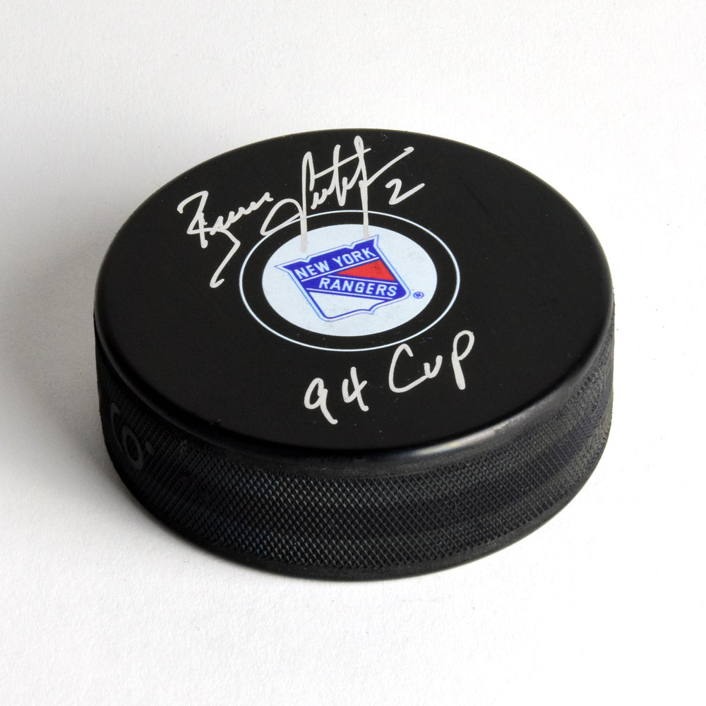 Brian Leetch New York Rangers Autographed Hockey Puck with 94 Cup Note