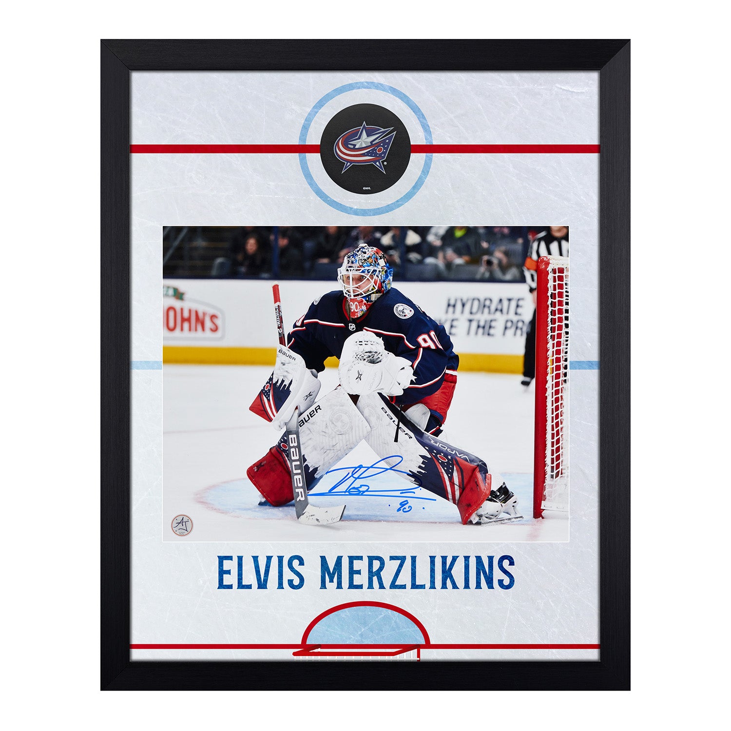 Elvis Merzlikins Signed Columbus Blue Jackets Graphic Rink 19x23 Frame