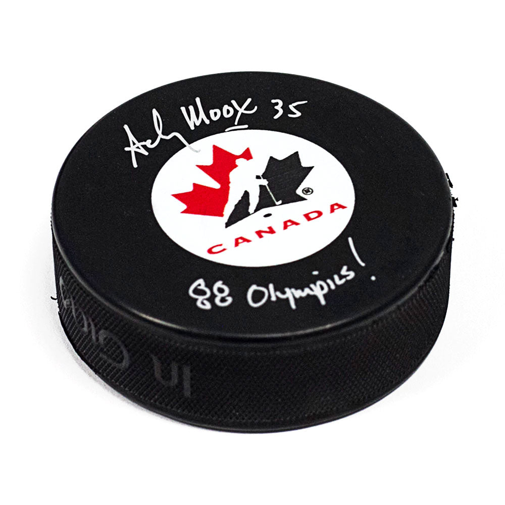 Andy Moog Team Canada Autographed Hockey Puck with 88 Olympics Note