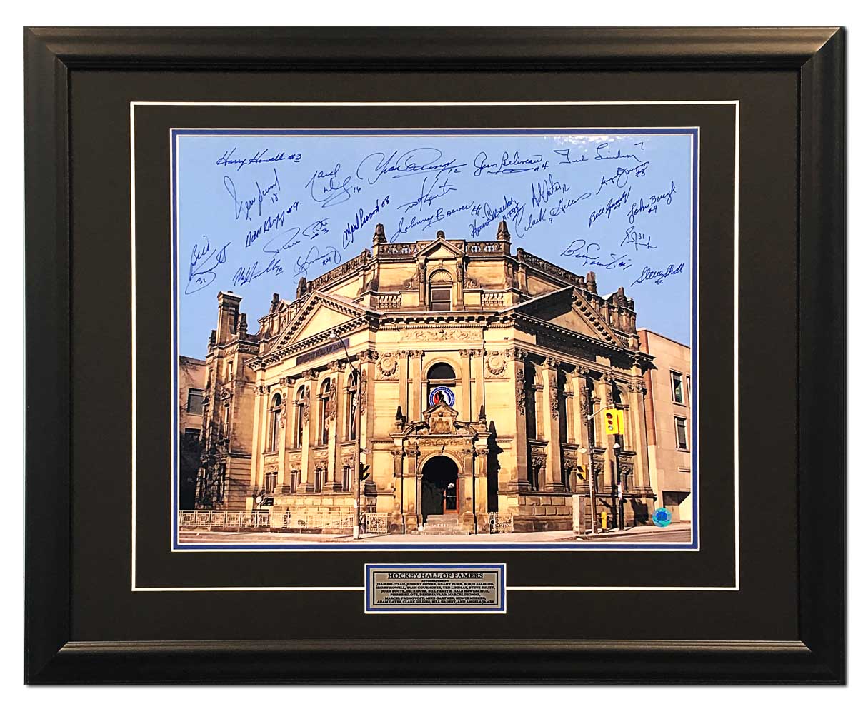 Hockey Hall Of Fame Building Signed by 23 Inductees 26x32 Frame