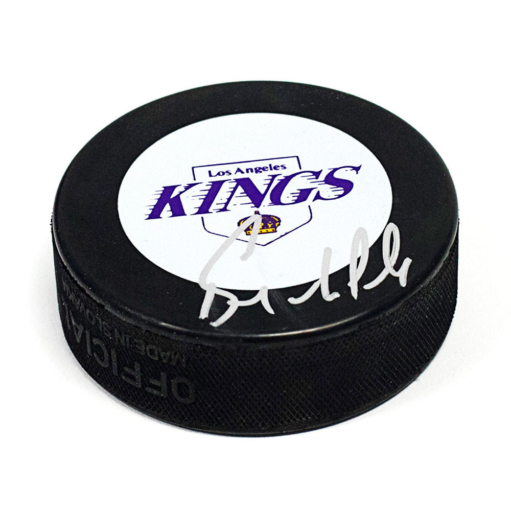 Bernie Nicholls Los Angeles Kings Autographed Purple Logo Hockey Puck