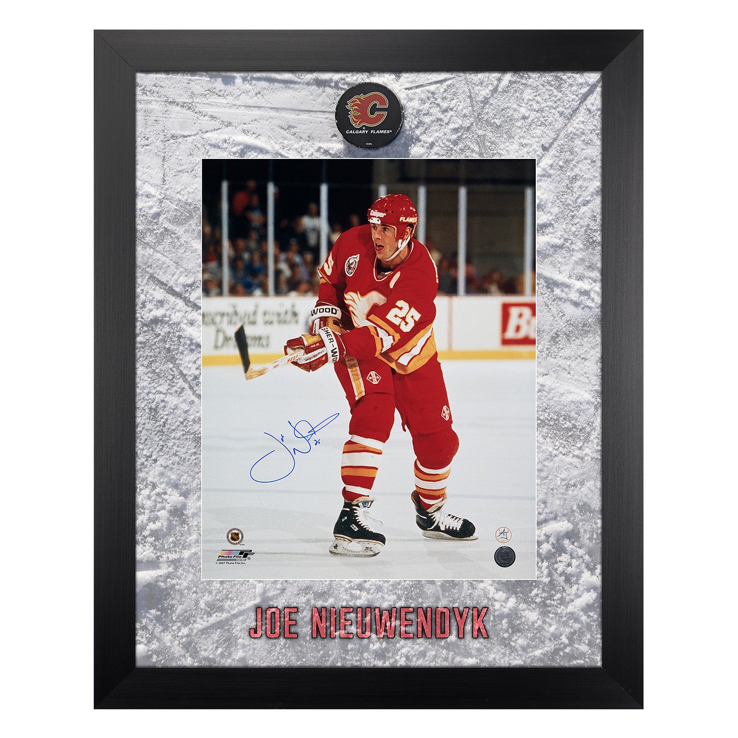Joe Nieuwendyk Signed Calgary Flames Etched Ice 26x32 Frame