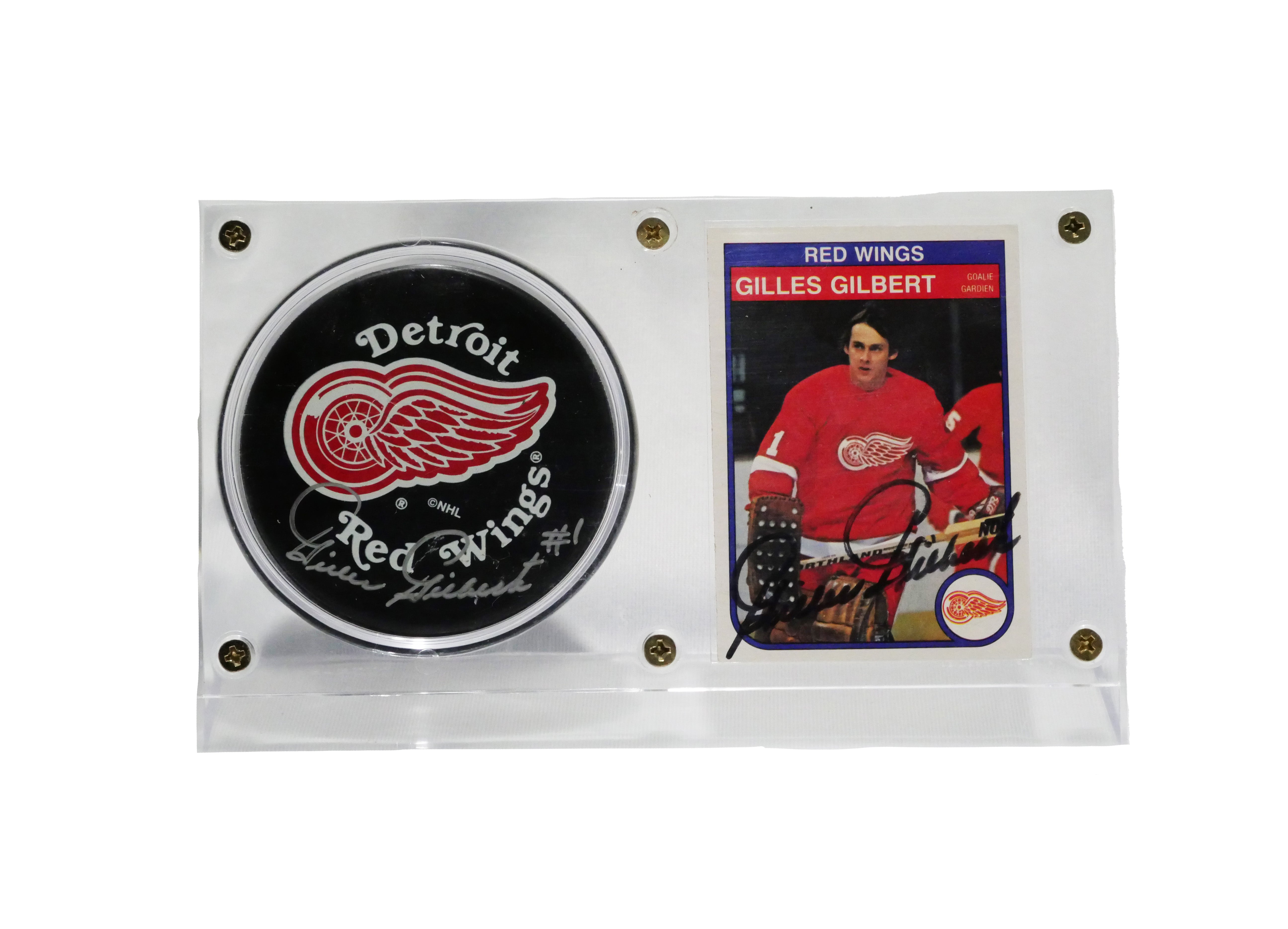 Gilles Gilbert Authentic Signed Detroit Redwings Puck and Signed Hockey Card Display