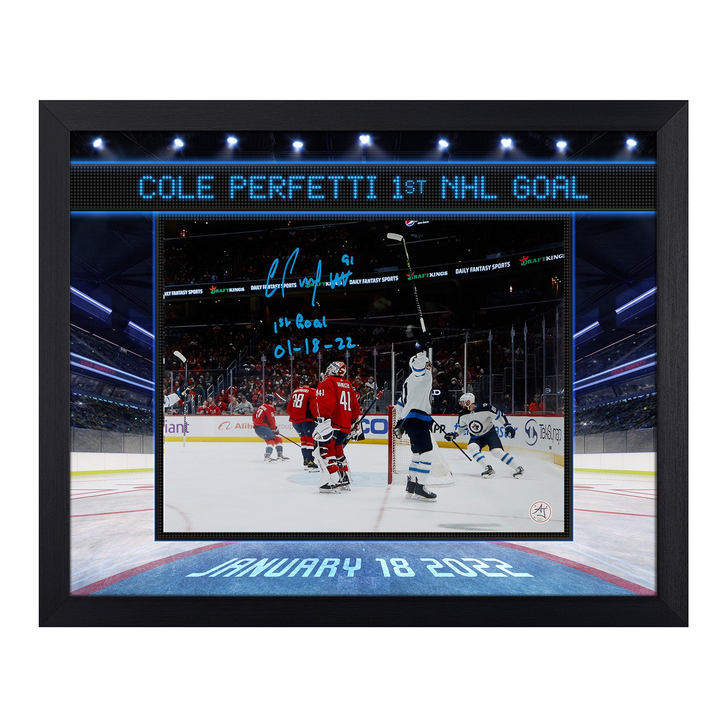 Cole Perfetti Autographed Winnipeg Jets 1st Goal Graphic 19x23 Frame