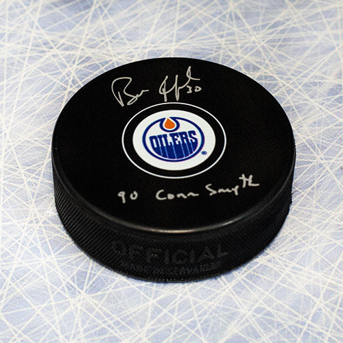 Bill Ranford Edmonton Oilers Signed Hockey Puck with 90 Conn Smythe note