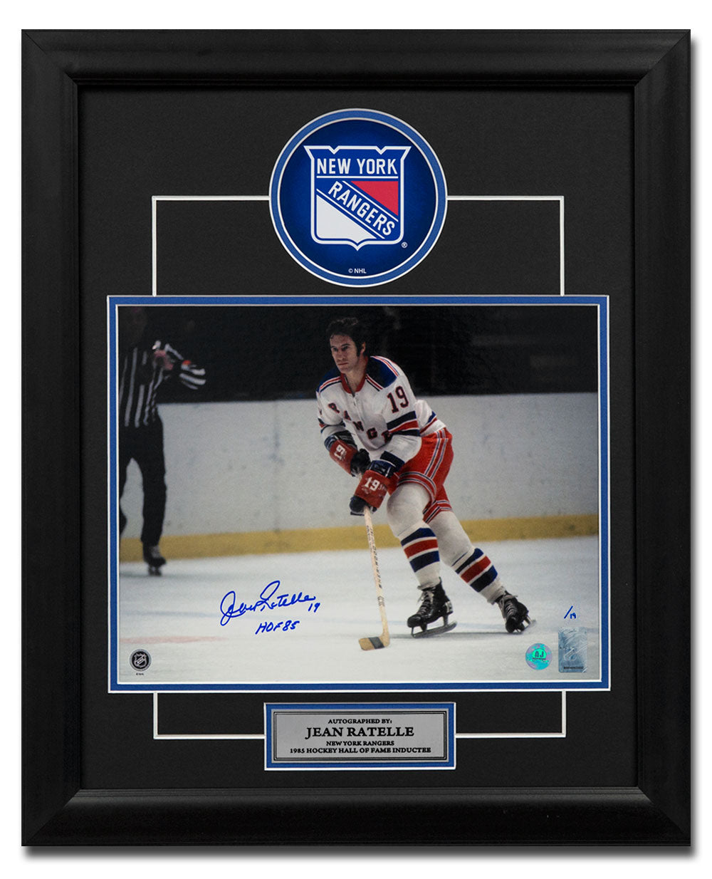 Jean Ratelle New York Rangers Autographed Large Logo 20x24 Frame #/19