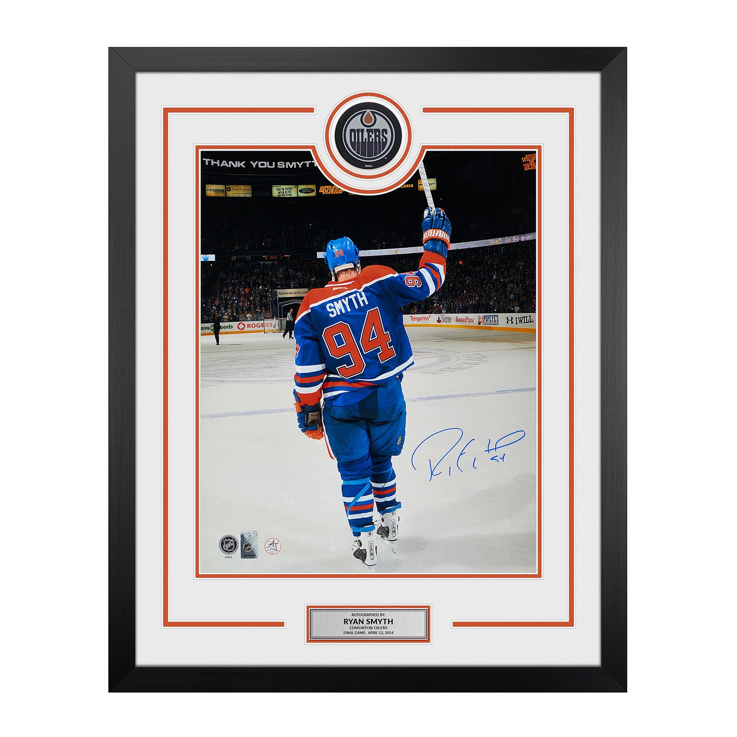 Ryan Smyth Autographed Edmonton Oilers Puck Logo 26x32 Frame