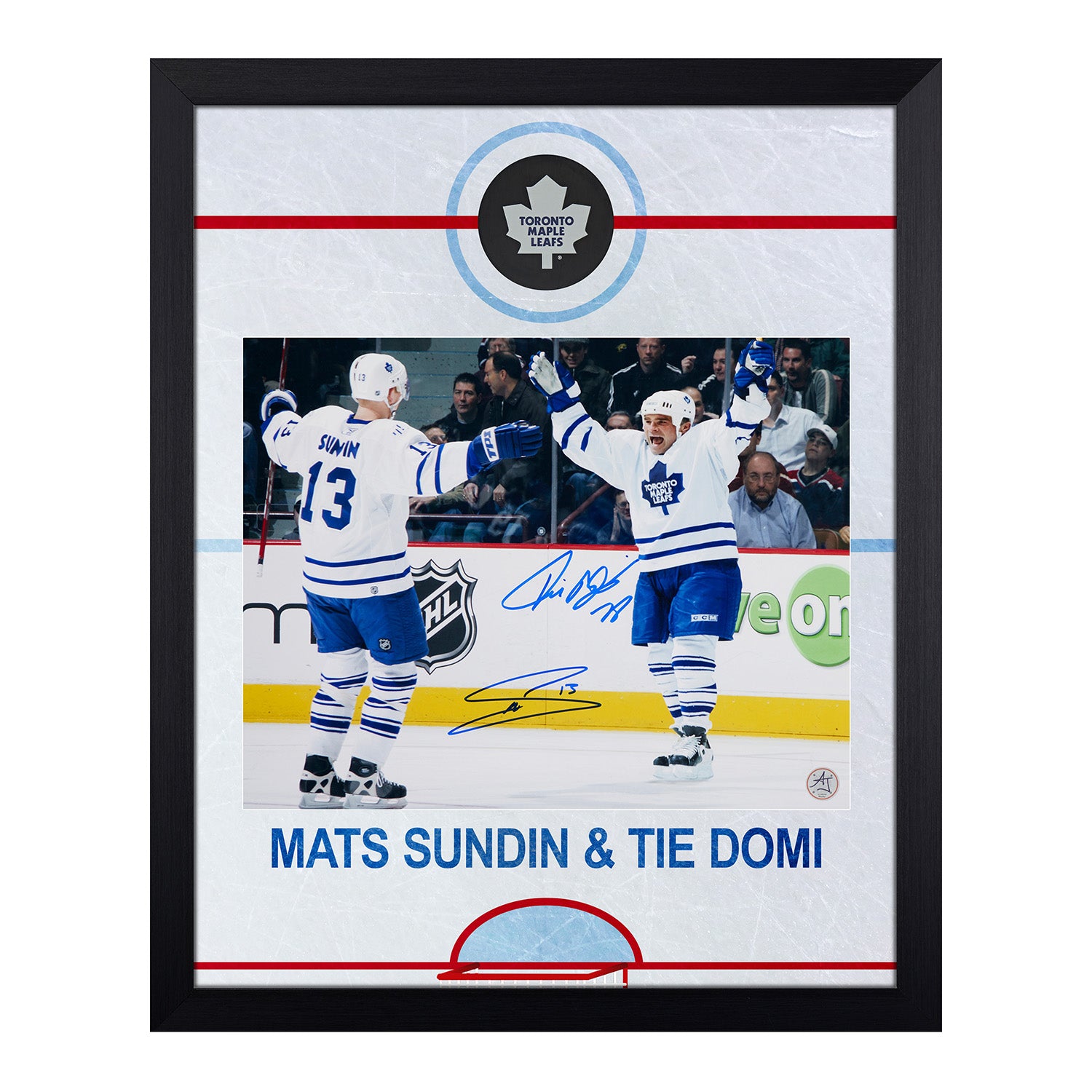 Mats Sundin & Tie Domi Dual Signed Maple Leafs Graphic Rink 19x23 Frame