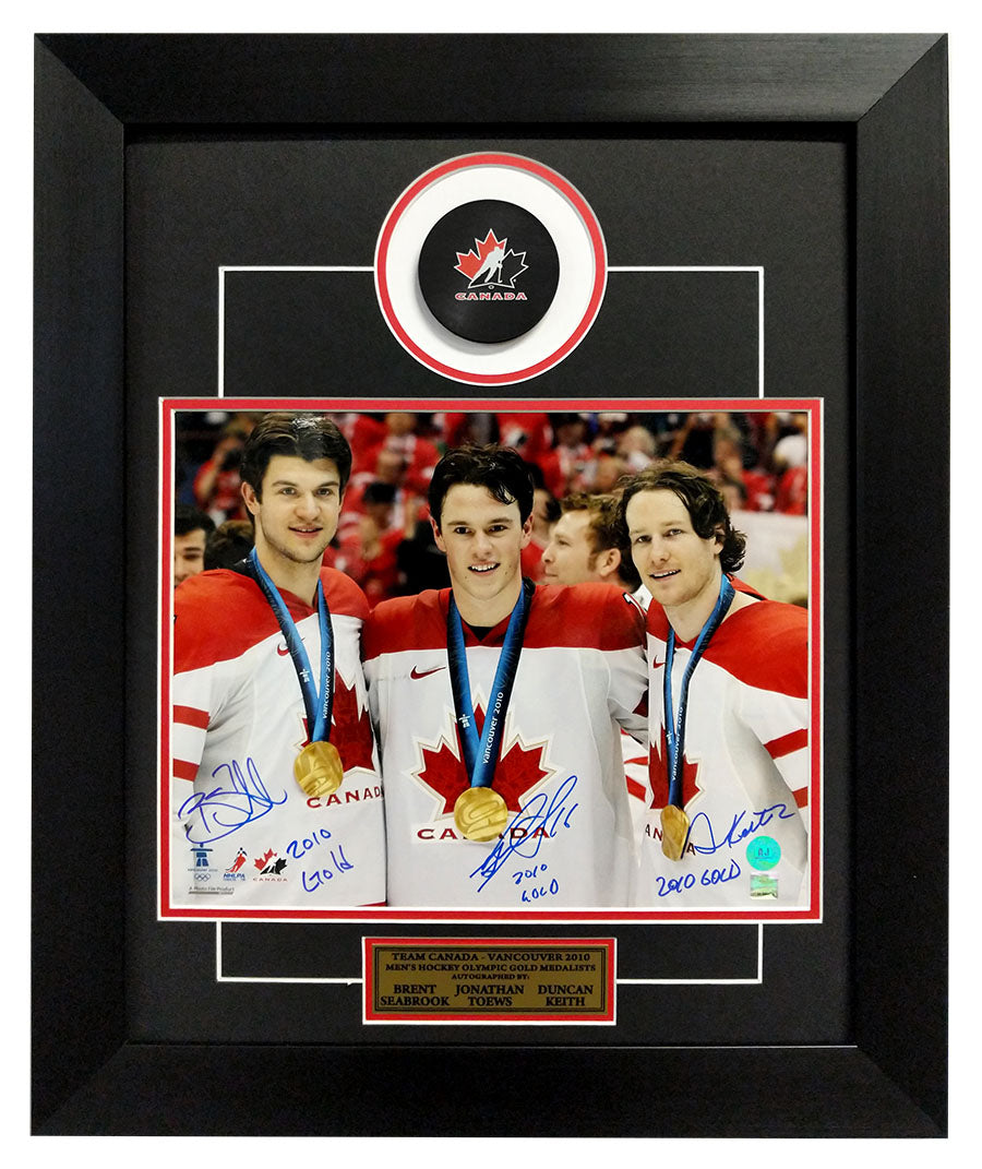 Toews, Keith & Seabrook Triple Signed Blackhawks Canada 2010 Gold 20x24 Frame