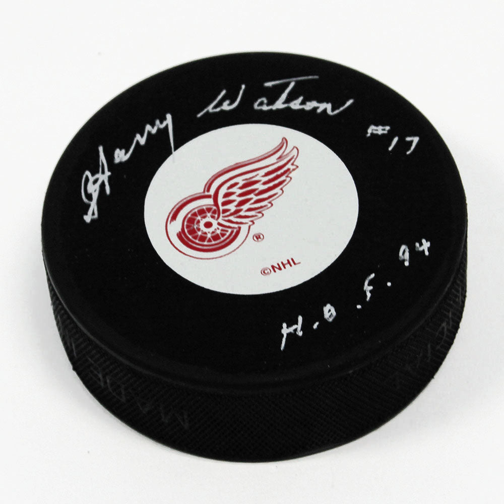 Harry Watson Detroit Red Wings Signed Hockey Puck with HOF Note
