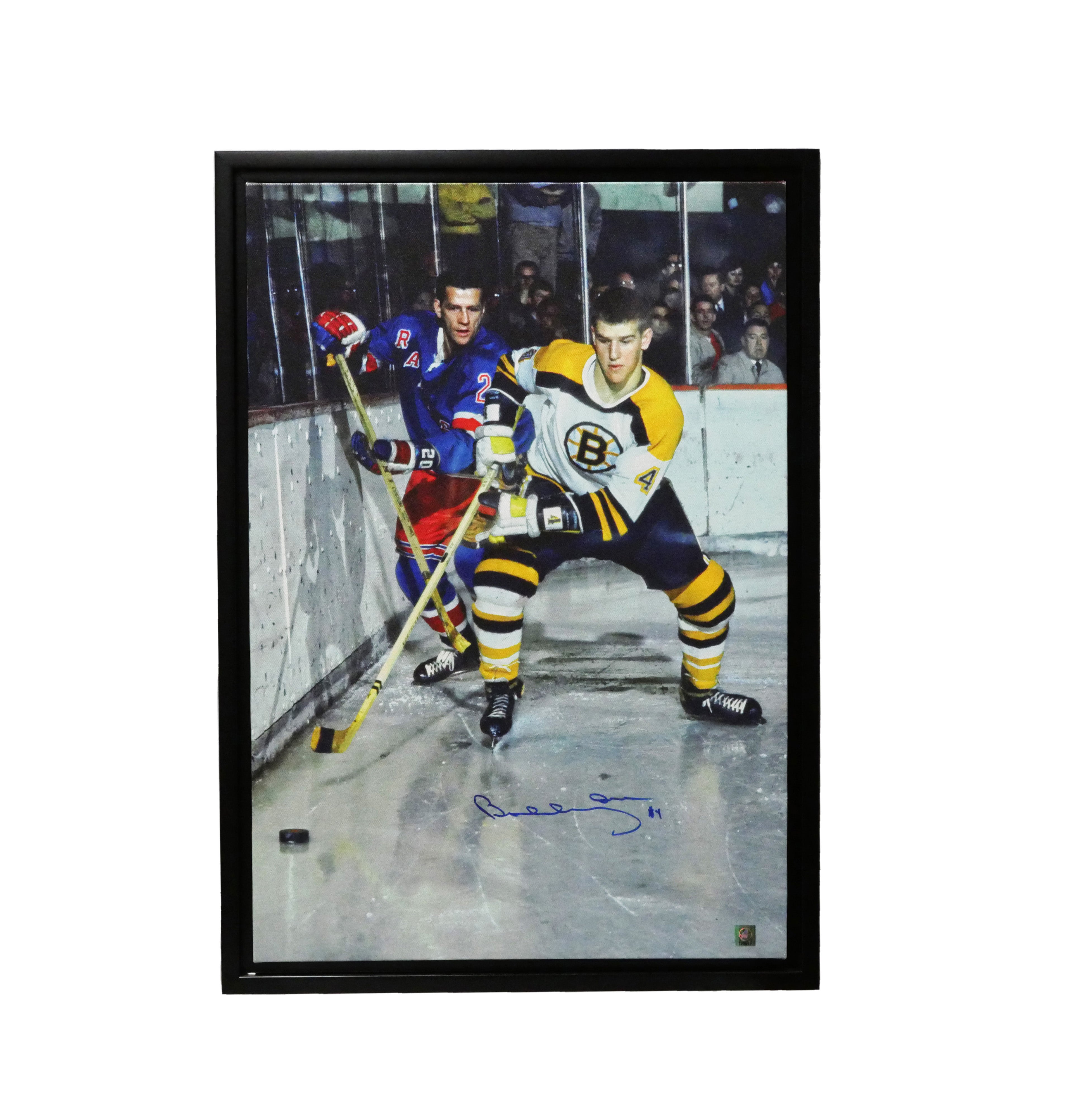 Bobby Orr Signed 20x29 Framed Canvas Boston Bruins White Action vs Rangers