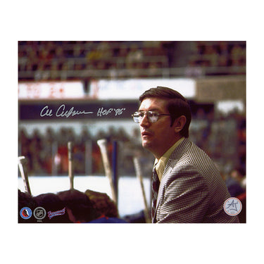 Al Arbour Autographed New York Islanders Bench Close-Up 8x10 Photo