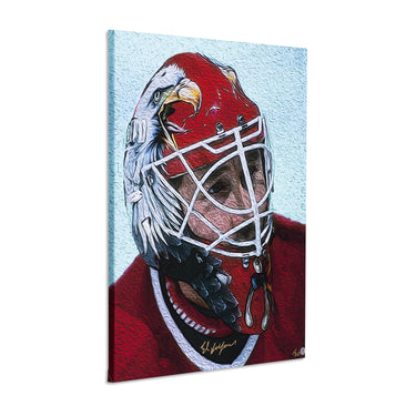 Ed Belfour Autographed Chicago Eagle Mask Portrait 26x32 Art Canvas #/30