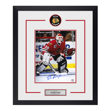 Ed Belfour Autographed Chicago Blackhawks Puck Logo 23x27 Frame