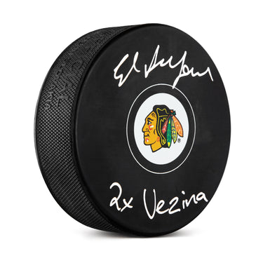 Ed Belfour Signed Chicago Blackhawks Hockey Puck with Vezina Note