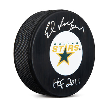 Ed Belfour Signed Dallas Stars Retro Logo Puck with HOF Note